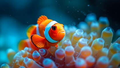 Wall Mural - Vibrant Macro Portrait of Clownfish Showcasing Underwater Marine Life and Colorful Aquatic Habitat