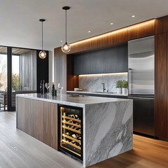 A kitchen with a built-in wine cooler and waterfall island