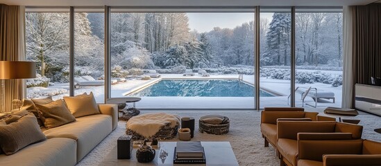 Wall Mural - Elegant living room with contemporary d?(C)cor, overlooking a snow-dusted swimming pool and garden through floor-to-ceiling windows, creating a serene winter retreat.