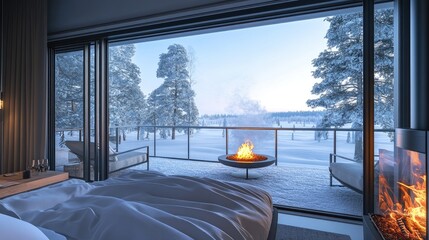 Wall Mural - Elegant winter retreat bedroom with simple, modern furnishings and a panoramic view of a snowy landscape through the balconya??s glass doors, complete with a fire pit.