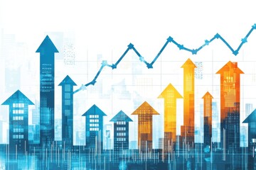 An upward-trending graph with arrows pointing upwards, showing a rising real estate market The background is white and blue, with digital stock chart data displayed Generative AI