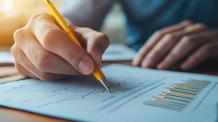 Poster - A hand writing on a financial report with graphs and charts, showcasing analysis and planning in business.