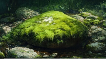 Poster - Moss-Covered Boulder in a Forest Stream