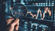 © Elchin Abilov - Stock investment concept A businessman holding a magnifying glass over a virtual stock chart representing financial analysis market growth and economic forecasting