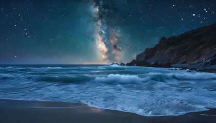 Wall Mural - Majestic Milky Way Above Serene Night Beach with Gentle Waves Beneath a Starry Sky