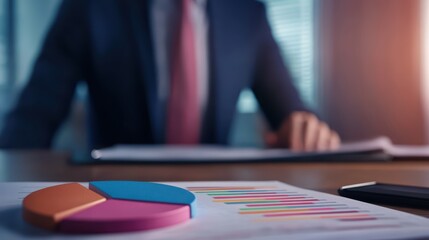 Poster - Businessman analyzing data with graphs and charts on desk, focused work environment, professional setting.