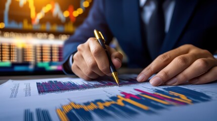 Poster - Businessman analyzing financial data with charts and graphs on paper in a professional setting.