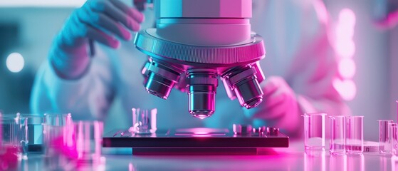 Poster - close-up of a microscope with colorful lighting in a laboratory setting.