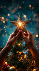 Canvas Print - hands holding a golden star on a christmas tree during the christmas eve celebration, surrounded by decorations and ornaments