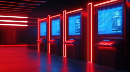 Poster - Futuristic betting terminals in a modern casino featuring vibrant red lighting and digital displays.