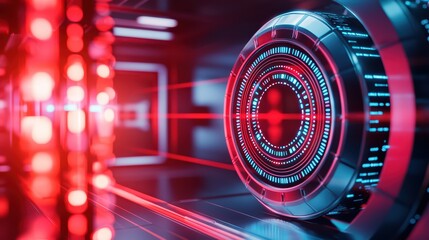 Poster - Futuristic device in a digital environment with vibrant red lights and intricate technology design.