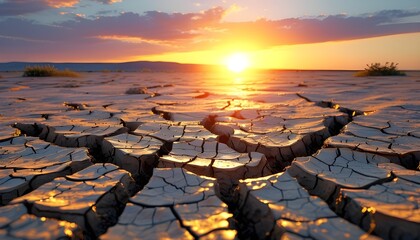 Dramatic sunset over cracked dry soil in an arid desert landscape