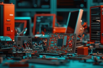 Poster - Intricate electronic components and circuit boards on a cluttered workstation, showcasing the world of technology.