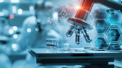 Poster - microscope examining samples with scientific research background.