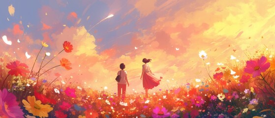 colorful cosmos flowers lining a dreamy autumn path sisters walking with joy and love under an orang