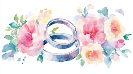 Vector watercolor illustration of wedding rings with flowers colorful and isolated on a white background