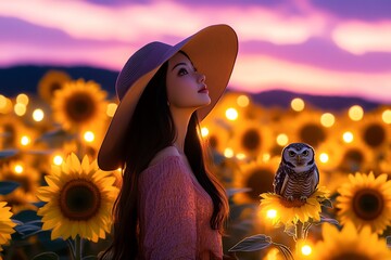 Aufkleber - A witch standing in a sunflower field at dusk, her wide-brimmed hat casting a shadow over her face. The sunflowers glow faintly as the sky turns pink and purple, and her pet owl perches on her