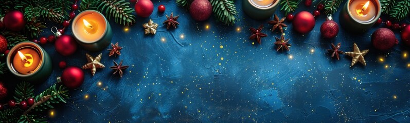 Candles are lit in a circle surrounded by christmas decorations, christmas background, banner, copy space