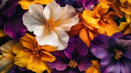 Wall Mural - Close-up of intricate vibrant flower petals with bold purple, yellow, and white hues, creating a visually appealing and striking floral composition