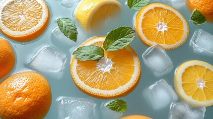 Wall Mural - Close-up of orange and lemon slices with green leaves floating on the water. Orange slices and mint leaves with ice cubes in light blue tint water.