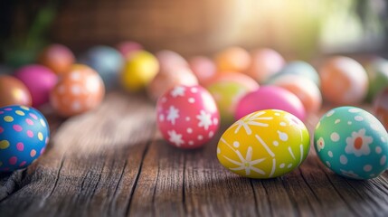 Colorful Easter Eggs Scattered on a Rustic Wooden Table for a Festive Spring Celebration. Generative AI