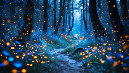 Enchanted night in a mystical forest, illuminated by glowing blue fireflies weaving through ancient trees and vibrant flowers along a winding path