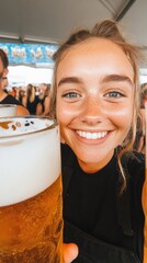 an Oktoberfest waitress in a dirndl serving large beer steins smiling with a background of a bustling festival tent full of people dancing and celebrating with banners and decorations in blue and whit