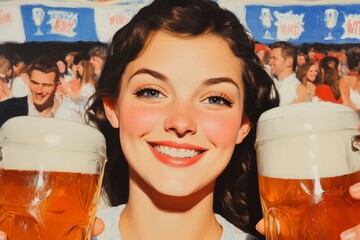 an Oktoberfest waitress in a dirndl serving large beer steins smiling with a background of a bustling festival tent full of people dancing and celebrating with banners and decorations in blue and whit