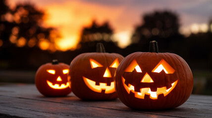 pumpkins with warm orange light glowing from within. The pumpkins are positioned on a wooden surface 