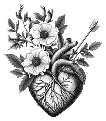  PNG Anatomical heart tattoo drawing flowers vintage.
