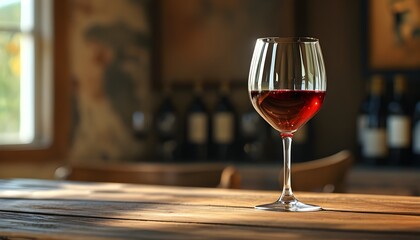 Wall Mural - Elegant wine close-up with glasses on wooden table, softly lit by natural light against textured walls in high-definition quality.