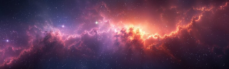 Wall Mural - Purple and orange galaxy with stars and a bright light, banner, copy space
