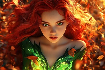 Poster - A young witch with bright red hair and a glowing green dress, standing in a meadow filled with swirling autumn leaves. Her eyes sparkle as the golden light of sunset illuminates the scene
