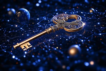 Wall Mural - An ancient key floating in space, its intricate design formed by celestial patterns, with stars and planets orbiting around it