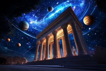 Wall Mural - An ancient temple floating in space, with its pillars made of stars and planets, and the ceiling depicting the evolution of the universe