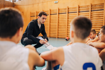 Wall Mural - Young basketball players receive coaching