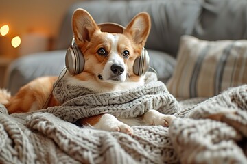 The Pembroke Welsh Corgi wearing headphones listening to music