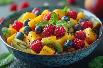 Wall Mural - Delicious Fruit Salad with Mango, Kiwi, Raspberries, Blueberries and Mint