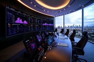 Poster - A 3D visualization of a Chamber of Commerce boardroom meeting, with interactive digital screens and virtual data points showing local business trends