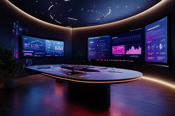 Poster - A 3D visualization of a Chamber of Commerce boardroom meeting, with interactive digital screens and virtual data points showing local business trends