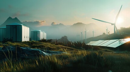 Modern Energy Facility with Wind Turbines and Solar Panels in a Mountainous Landscape