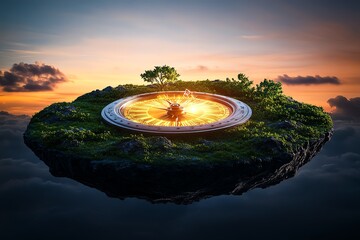 Poster - A floating island where time flows in reverse, with a giant clock at its center spinning backward. The island is bathed in the soft light of a setting sun, casting warm orange and pink hues