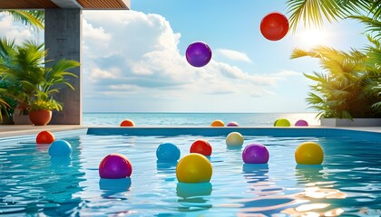 Vibrant beach ball on shimmering luxury swimming pool reflecting summer holiday vibes and inviting tranquility