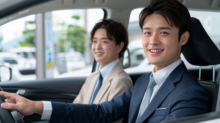 Two men smiling in a car, showcasing friendship and happiness.