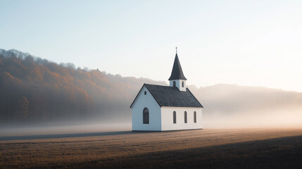 Dawn serene meadow unfolds beneath the sky, where mist gently blankets grass, framing church building embodies beauty of nature, spirit Christianity as sunrise casts a warm glow over landscape.