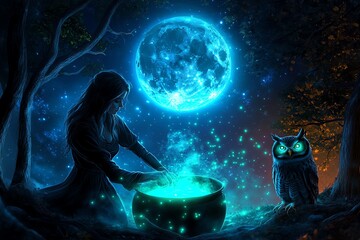 Poster - A witch stirring a cauldron in a forest under the glow of a full moon, with the trees around her lit by the soft blue and green light from her potion. Her owl companion watches from a nearby