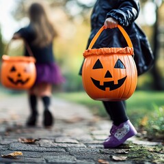 Children Trick Or Treating with Jack-O-Lantern Candy Buckets on Halloween - Image #4 @naveejgfb