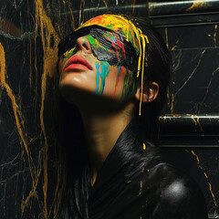 Surreal woman with colorful paint splashes covering eyes on dark marble background