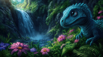 Poster - A young dinosaur curiously exploring a field of vibrant prehistoric flowers, its eyes wide with wonder