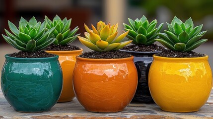 Colorful Succulents in Ceramic Pots   Close up    Home Decor  Garden  Plants  Greenery